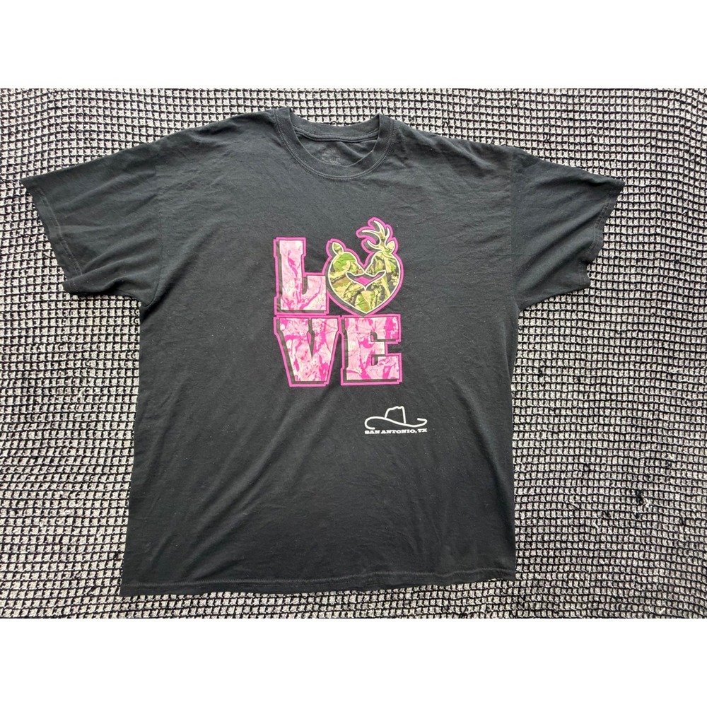 Gildan LOVE Camo Graphic T-Shirt Mens XL Black Pink Camo Antlers Heart